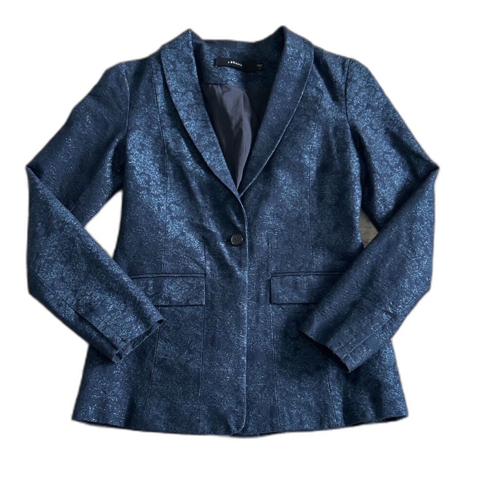 J Brand Layla Blazer Jacket Womens Small Navy Floral Jacquard Metallic Holiday